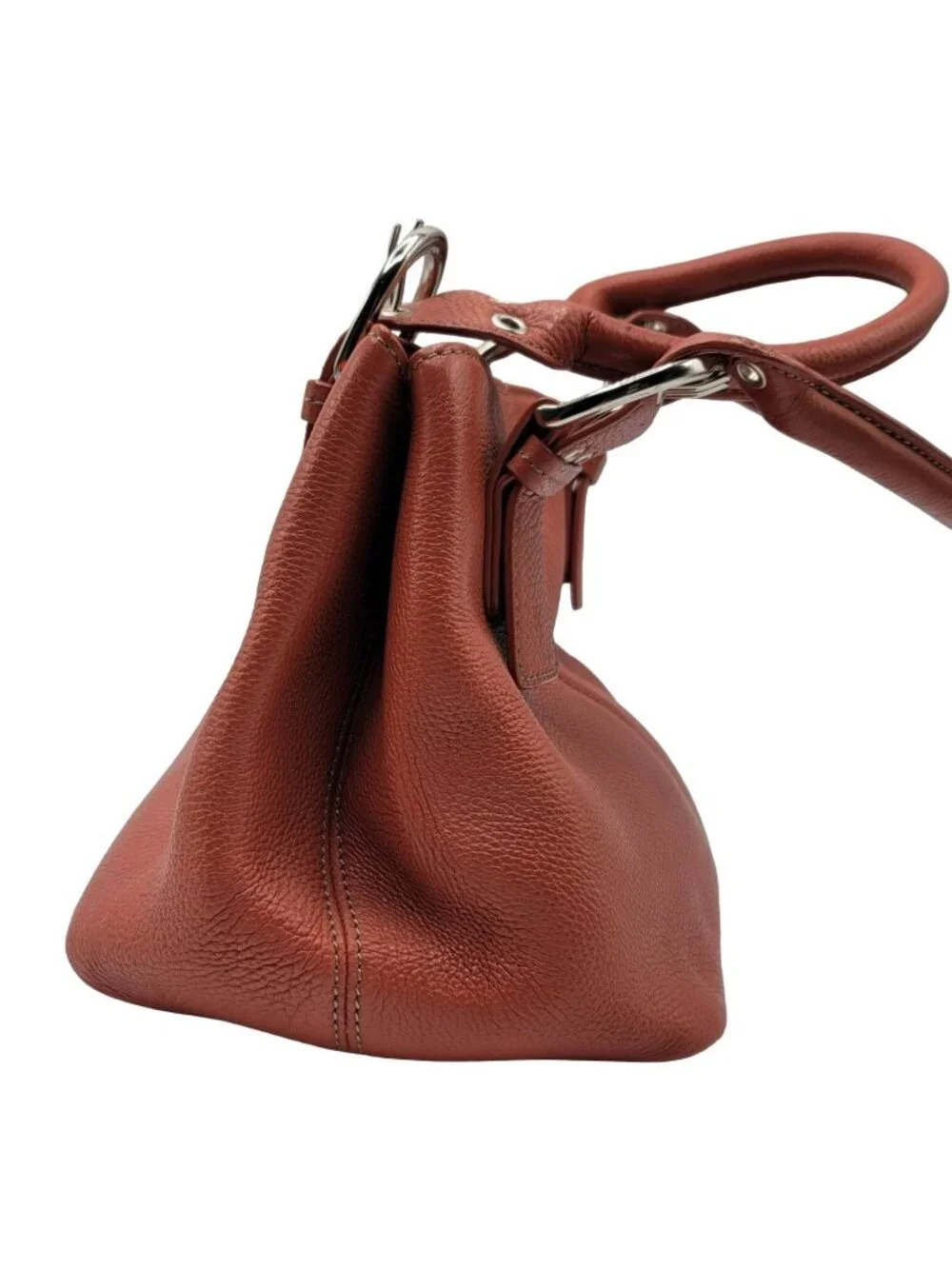 Clarks Pebbled Leather Satchel Handbag Brown Burnt Orange Buckle Dual Handles